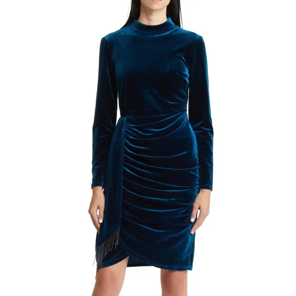 Tahari ASL Beaded Drape Long Sleeve Velvet Dress